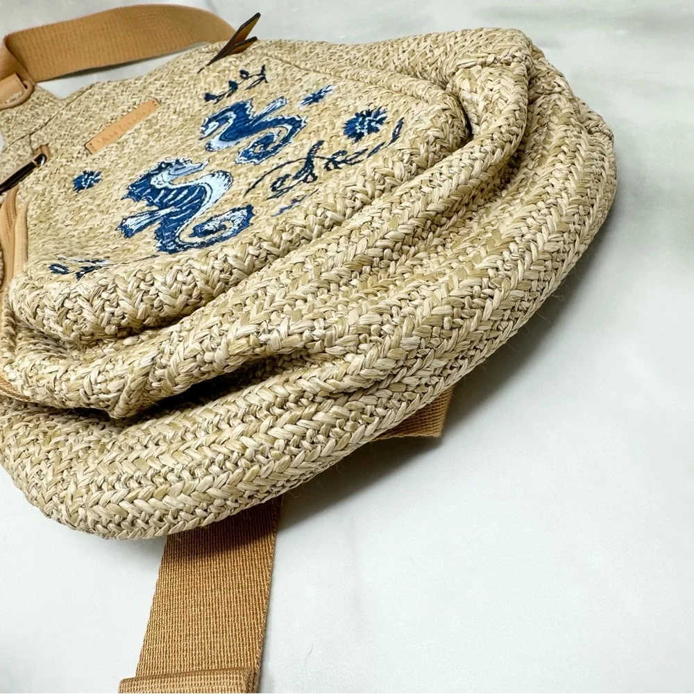 Vera Bradley Straw Sling Backpack Blue Seahorse Embroidery